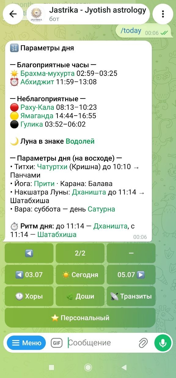 Экран параметров дня и благоприятных часов в Telegram