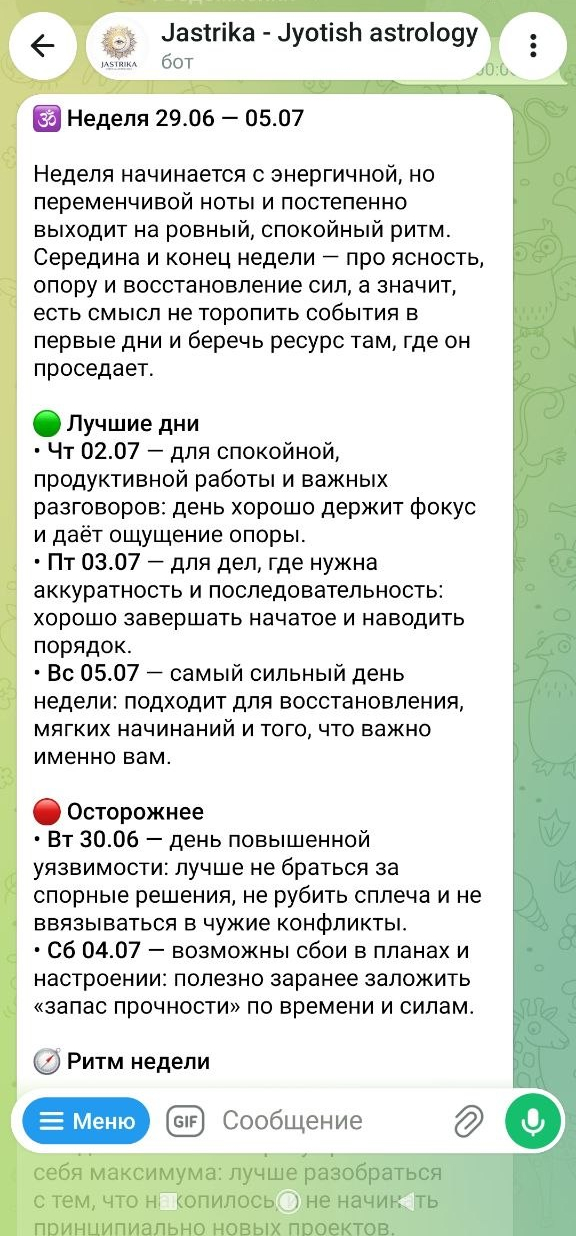 Экран недельного прогноза в Telegram